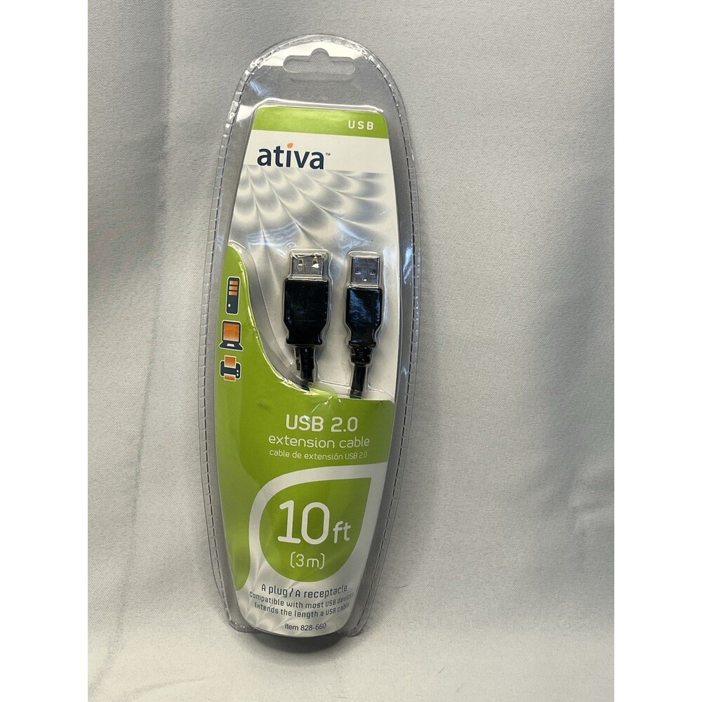 ATIVA USB 2.0 EXTENSION CABLE 10 FT black (New)